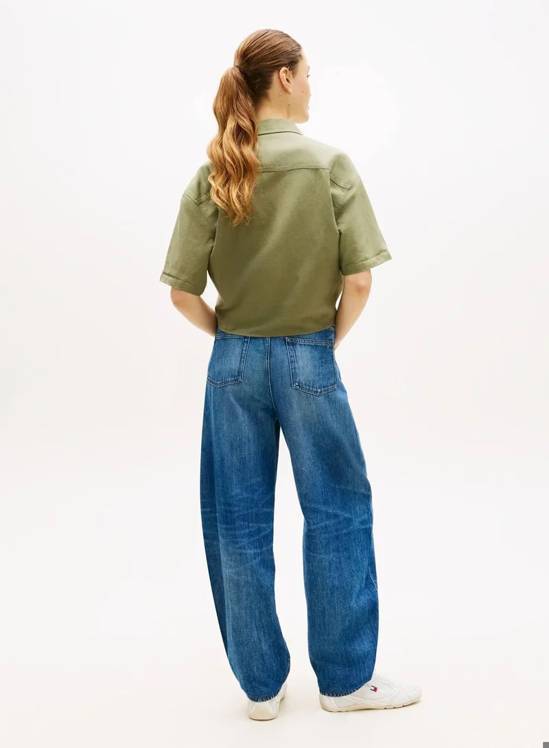 TOMMY JEANS Bay Leaf Relaxed Fit Linen Blend Tie Front Shirt for Women | Best Price UAE