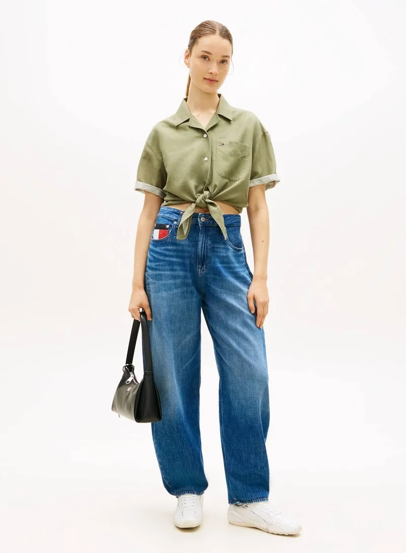TOMMY JEANS Bay Leaf Relaxed Fit Linen Blend Tie Front Shirt for Women | Best Price UAE