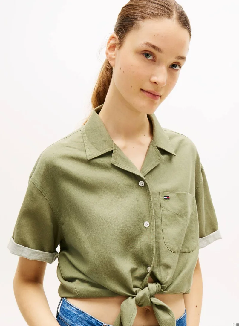 TOMMY JEANS Bay Leaf Relaxed Fit Linen Blend Tie Front Shirt for Women | Best Price UAE