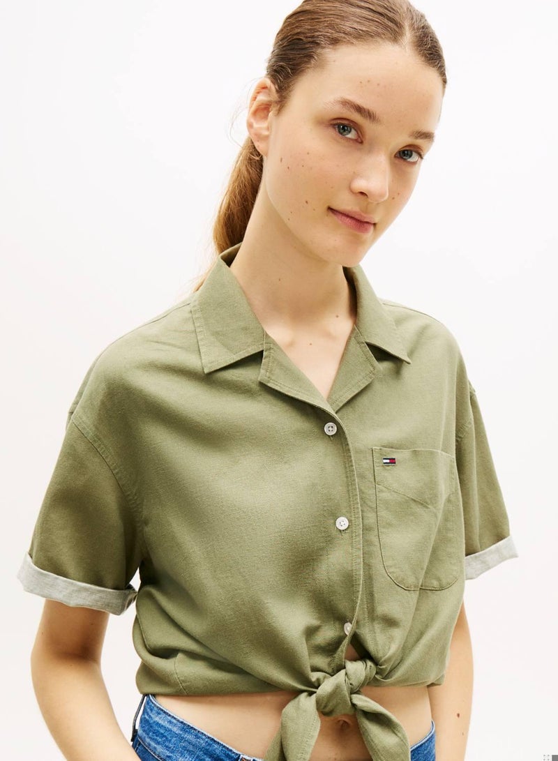 TOMMY JEANS Relaxed Fit Linen Blend Tie Front Shirt - Image 4