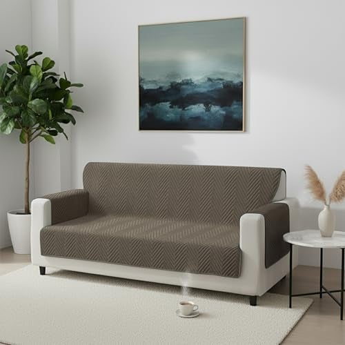 Yellow Weaves 3 Seater Zig-Zag Design Quilted Velvet Sofa Cover Protector, 1 Piece, Greyish Brown - Image 1