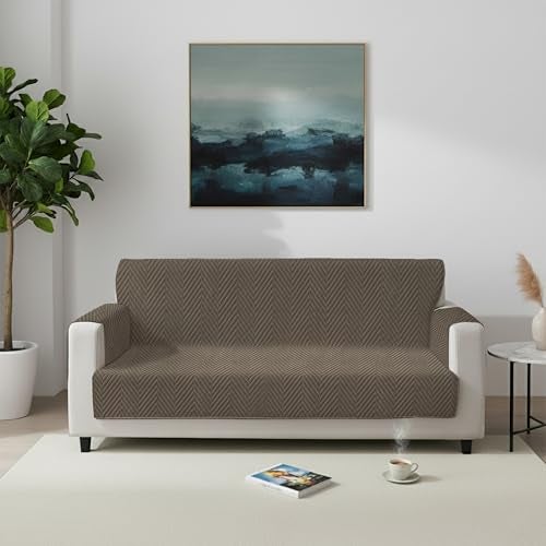 Yellow Weaves 3 Seater Zig-Zag Design Quilted Velvet Sofa Cover Protector, 1 Piece, Greyish Brown - Image 3