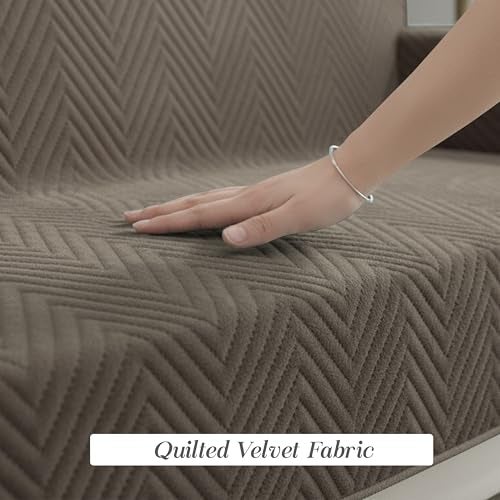 Yellow Weaves 3 Seater Zig-Zag Design Quilted Velvet Sofa Cover Protector, 1 Piece, Greyish Brown - Image 2