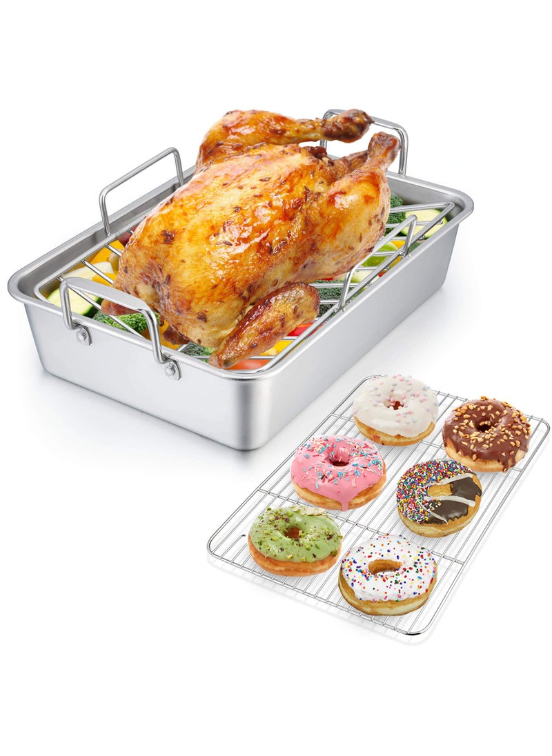 P&P CHEF PP CHEF Roaster Roasting Pan with Baking Rack and Vshaped Rack Stainless Steel Rectangular Lasagna Pan with Handles for Turkey Chicken Healthy  Dishwasher Safe 3 Pieces 14 Silver 