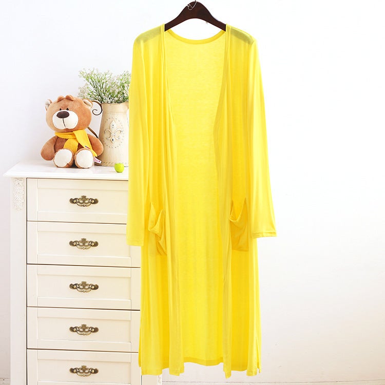 Spring and Summer Modal Long Pocket Cardigan Sun Protection Clothing Womens Casual Air-conditioning Shirt Long Thin Coat Outer Shawl Yellow