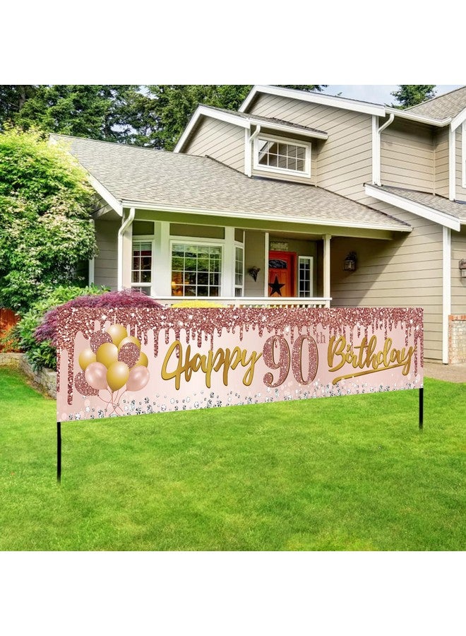 Excelloon 90th Birthday Banner Decorations for Women, Pink Rose Gold Happy 90 Birthday Yard Banner Party Supplies, 90 Year Old Bday Background Sign for Outdoor Indoor - Image 1
