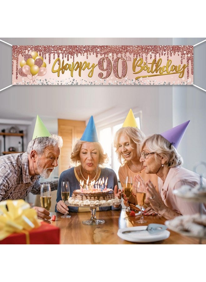 Excelloon 90th Birthday Banner Decorations for Women, Pink Rose Gold Happy 90 Birthday Yard Banner Party Supplies, 90 Year Old Bday Background Sign for Outdoor Indoor - Image 4