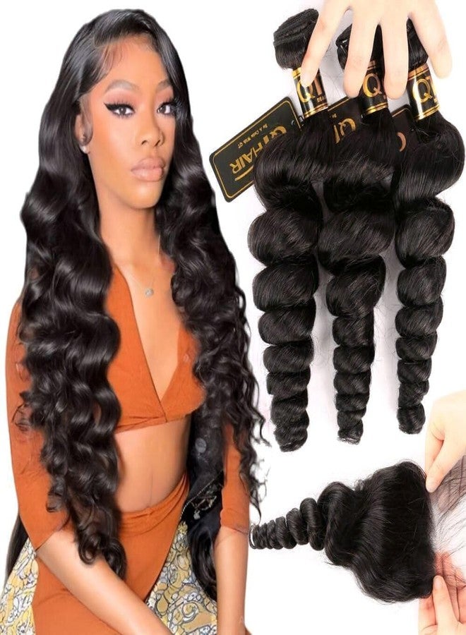 QTHAIR 18A Brazilian Loose Wave Hair Bundles With Closure (14 16 18+12inch) 3 Bundles with 4X4 Lace Closure Free Part Virgin Remy Hair Brazilian Weave Human Hair - Image 1