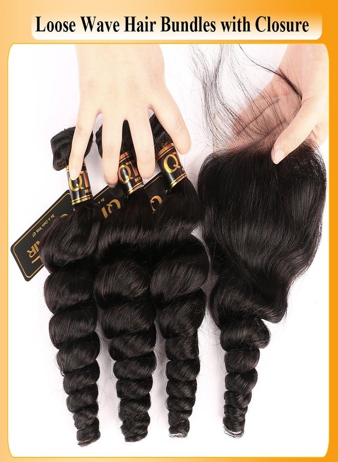 QTHAIR 18A Brazilian Loose Wave Hair Bundles With Closure (14 16 18+12inch) 3 Bundles with 4X4 Lace Closure Free Part Virgin Remy Hair Brazilian Weave Human Hair - Image 2