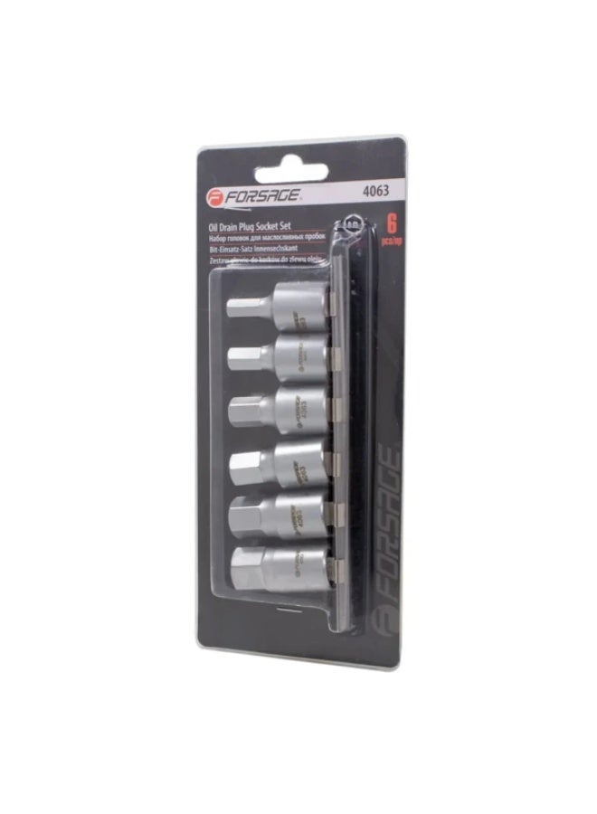 فورساج طقم سوكيت for oil drain plugs 6pcs, 1/2", 6 point, (8,10,12,14,17,19), on bar - Image 1
