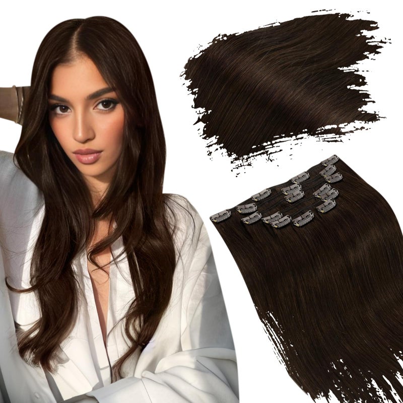 Ugeat Dark Brown Clip in Hair Extensions Remy Human Hair Clip ins Darkest Brown Natural Human Hair Extensions Clip ins Thick Ends Straight Real Hair Extensions Full Head #2 14 Inch 7pcs