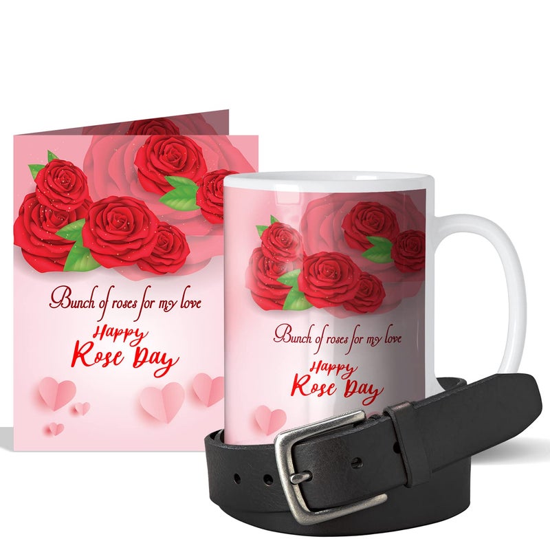 GIFT MY PASSION GIFT MY PASSION Bunch of Roses for My Love Happy Rose Day Surprise Greeting Card Coffee Mug 350ml with Black Belt for Men Hamper Pack of 3 Gift for Him 