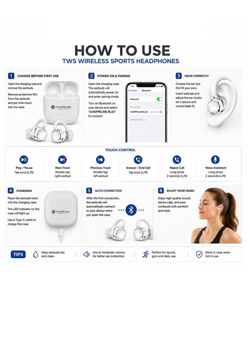 Chappeline BL23 TWS Wireless Sports Headphones Air Clip Open Ear Wireless Earbuds Lightweight Comfort, AI Call Noise Cancellation Attachable Ear Grips - White - Image 2