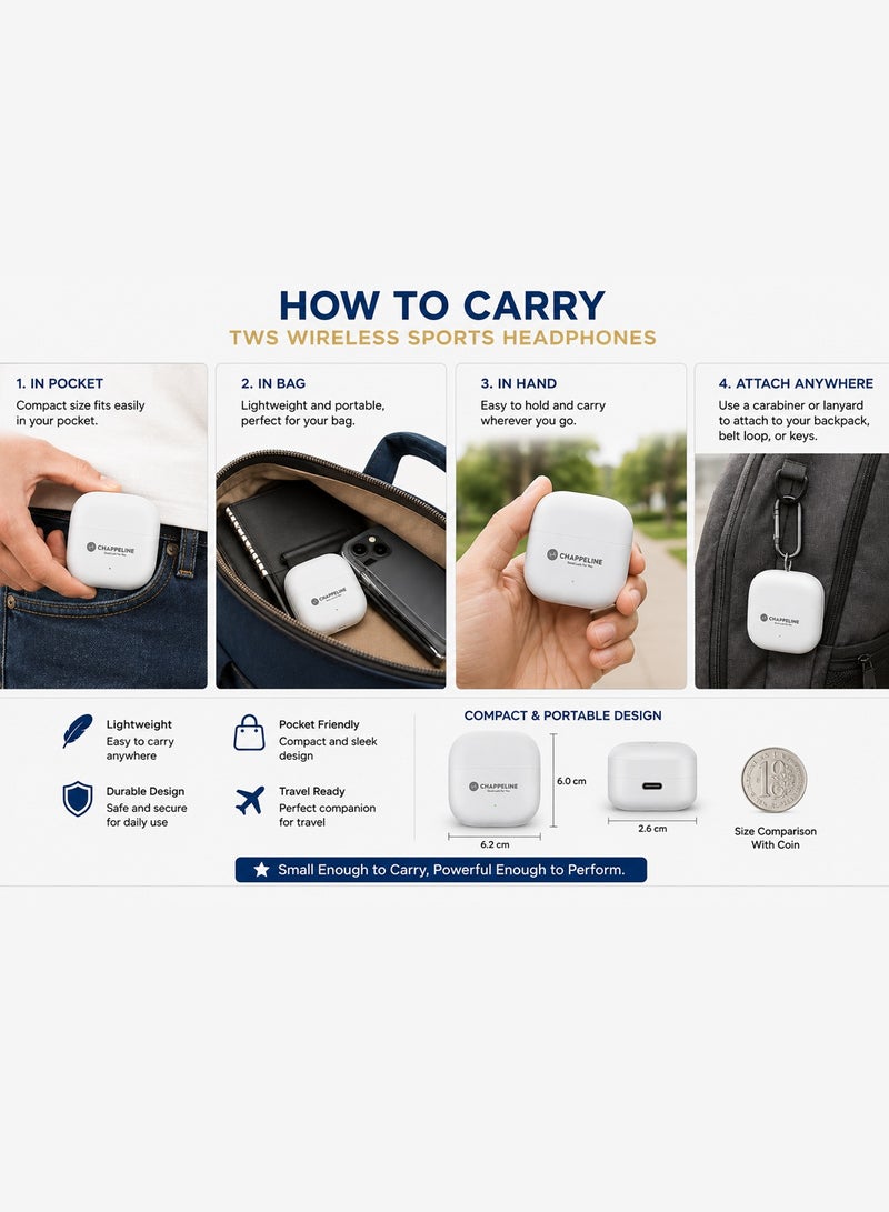 Chappeline BL23 TWS Wireless Sports Headphones Air Clip Open Ear Wireless Earbuds Lightweight Comfort, AI Call Noise Cancellation Attachable Ear Grips - White - Image 4