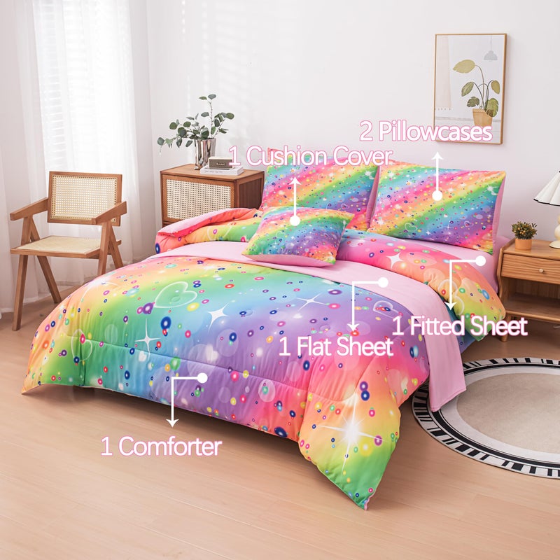 MWMWMW 6 Pcs Girls Twin Comforter Set, Colorful Rainbow Galaxy Bedding Sets, Twin Bedding Sets for Girls Kids with 1 Comforter, 1 Flat Sheet, 1 Fitted Sheet, 1 Pillow Cover, 2 Pillowcases - Image 3