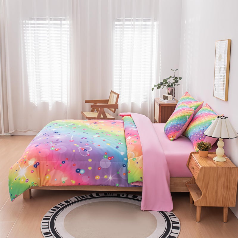 MWMWMW 6 Pcs Girls Twin Comforter Set, Colorful Rainbow Galaxy Bedding Sets, Twin Bedding Sets for Girls Kids with 1 Comforter, 1 Flat Sheet, 1 Fitted Sheet, 1 Pillow Cover, 2 Pillowcases - Image 5