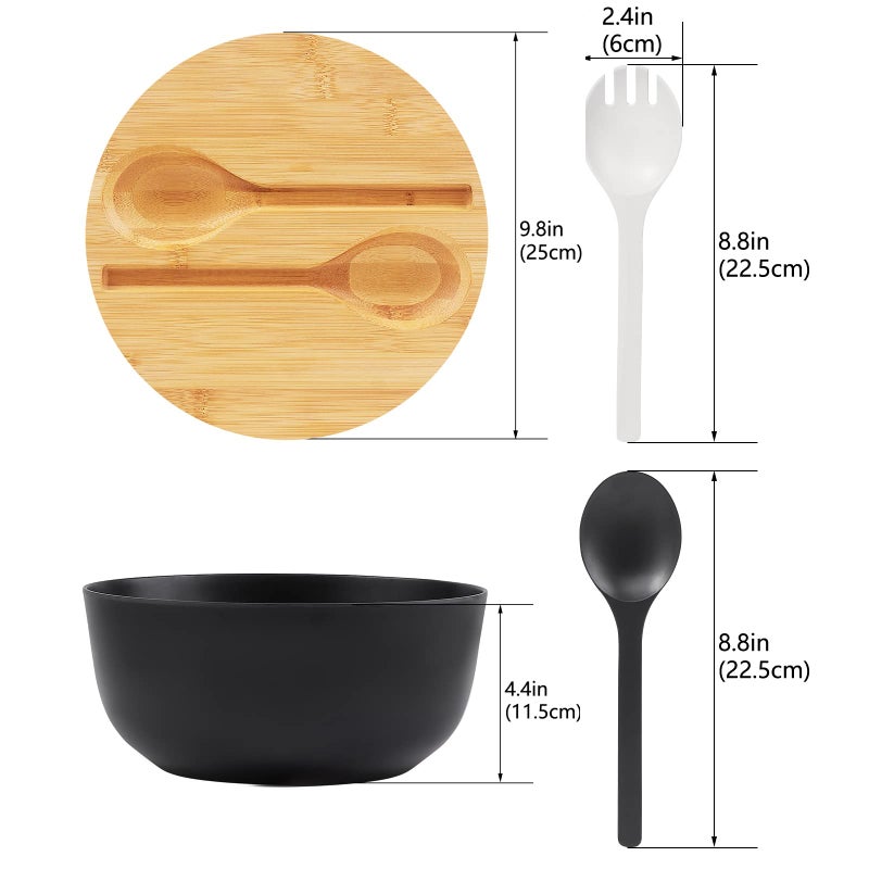 ECOHAGOU 10" Large Salad Serving Bowl with Utensils in Lid, Bamboo Fiber Salad Bowl with Lid, Mixing Bowl with Servers set for Pasta,Fruit,Veggies,Popcorn to Replace Wooden Bowls - Matte Black - Image 2