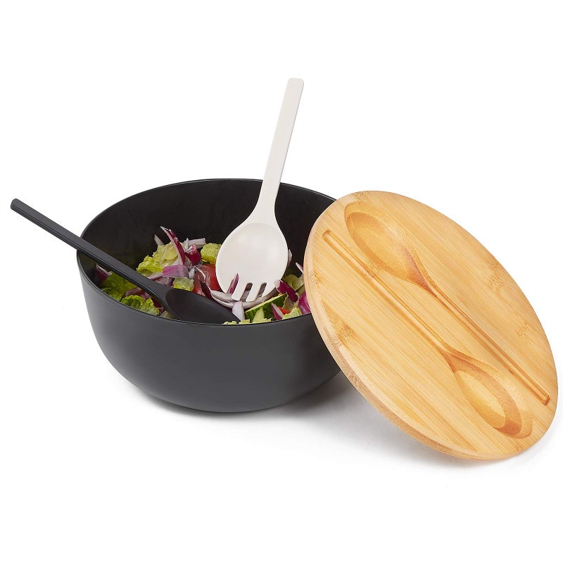 ECOHAGOU 10" Large Salad Serving Bowl with Utensils in Lid, Bamboo Fiber Salad Bowl with Lid, Mixing Bowl with Servers set for Pasta,Fruit,Veggies,Popcorn to Replace Wooden Bowls - Matte Black - Image 3