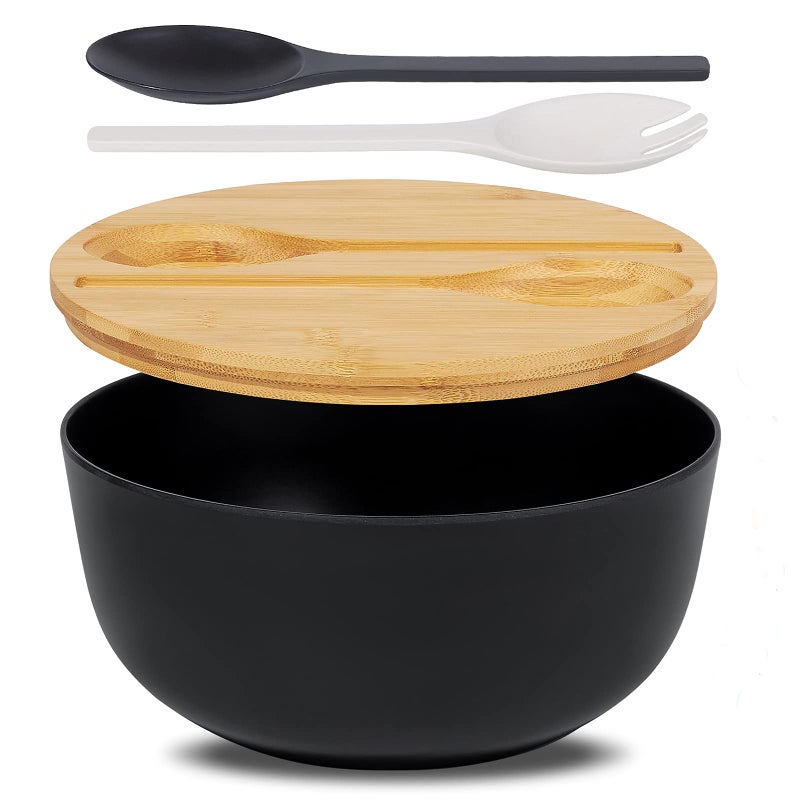 ECOHAGOU 10" Large Salad Serving Bowl with Utensils in Lid, Bamboo Fiber Salad Bowl with Lid, Mixing Bowl with Servers set for Pasta,Fruit,Veggies,Popcorn to Replace Wooden Bowls - Matte Black - Image 1
