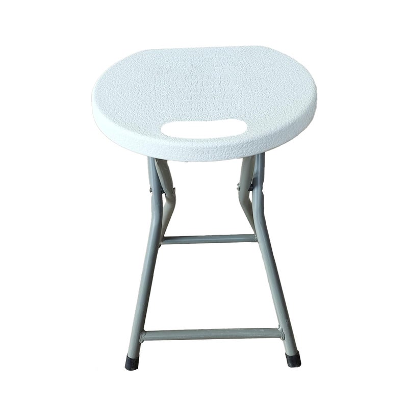 Folding Stool, White Plastic Seat with Metal Frame, Portable Round Chair - Image 1