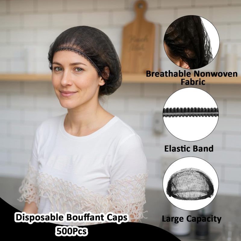 Disposable Bouffant Caps: 500-Count Black Non-Woven Fabric - Breathable Comfortable Secure Elastic Design Hair Nets for Food Service Healthcare Kitchen Home Use - Image 4