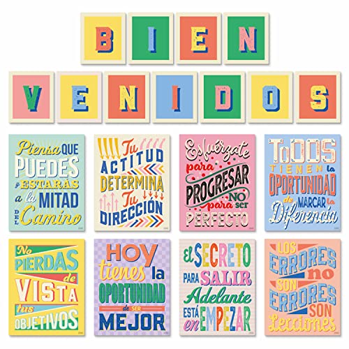 Sweetzer & Orange Set of 8 Motivational Posters in Spanish & BIENVENIDOS Letters for Teachers & Students - Language Charts That Inspire - Laminated Growth Mindset Banners for Classroom - 11"x14" - Image 1