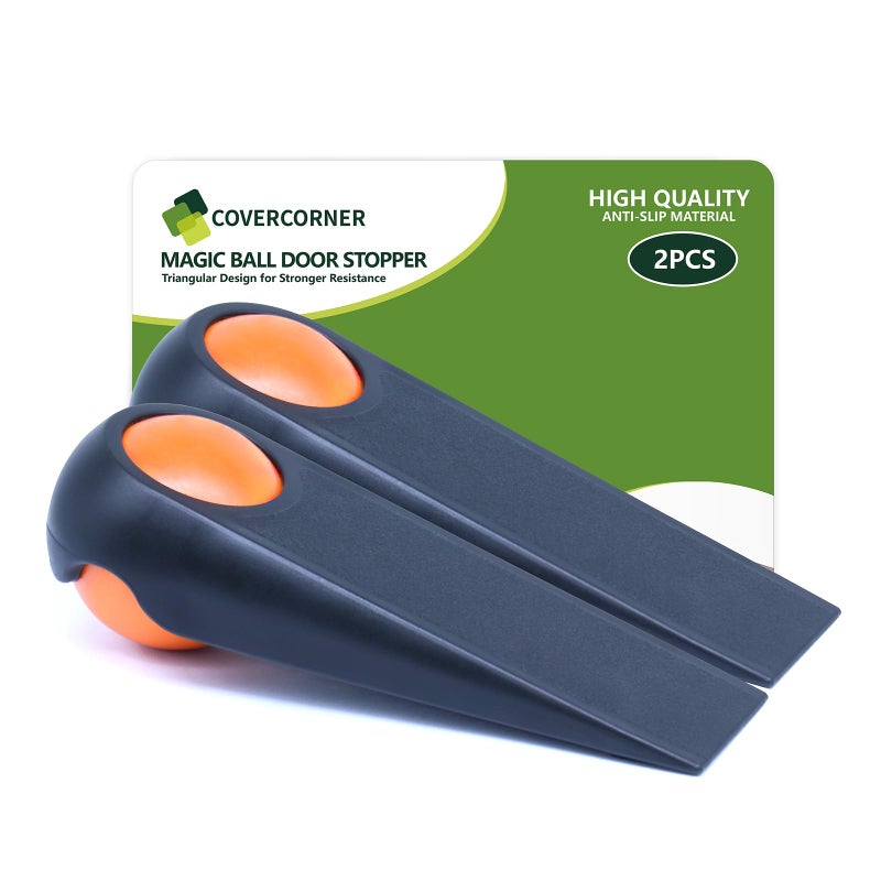 COVERCORNER Door Stoppers for Bottom of Door, Rubber Door Stopper Wedges, Door Holders for All Types of Surfaces, 2 Pack Magic Ball Door Stops, 5 inch, Black and Orange - Image 1