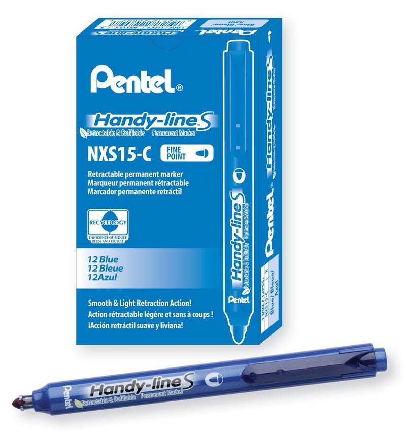 Pentel ماركر دائم قابل للسحب وإعادة التعبئة من بينتل Handy-Line S، طرف مائل، أسطوانة زرقاء، حبر أزرق، علبة من 12 (NXS15-C) - Image 1