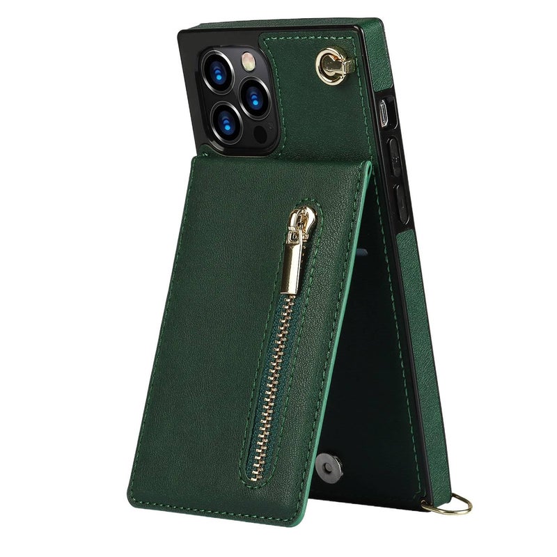 غطاء واقي | مقاوم للصدمات لـ iPhone 13 | أخضر PU | حامل بطاقات - Image 1