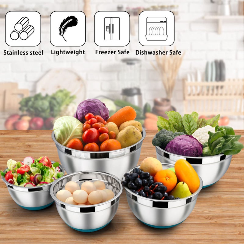 LIANYU Stainless Steel Nesting Mixing Bowls Set of 6, Non-slip Bottom & Airtight Lids, Size 7, 3.5, 2.5, 2, 1.5, 1QT, Large Metal Bowls for Cooking, Baking, Food Storage, Dark Blue - Image 3