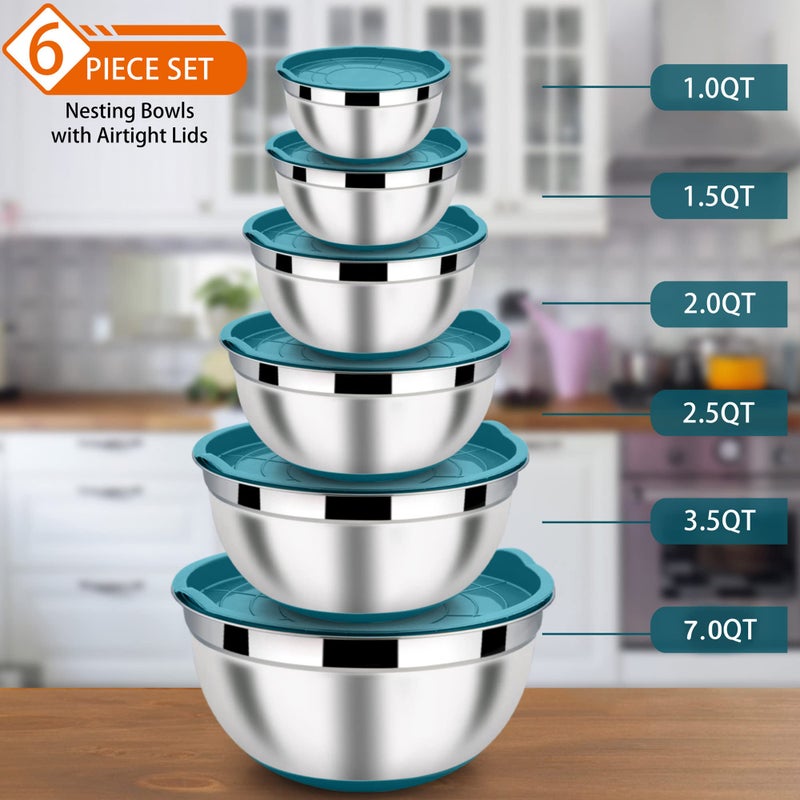 LIANYU Stainless Steel Nesting Mixing Bowls Set of 6, Non-slip Bottom & Airtight Lids, Size 7, 3.5, 2.5, 2, 1.5, 1QT, Large Metal Bowls for Cooking, Baking, Food Storage, Dark Blue - Image 2