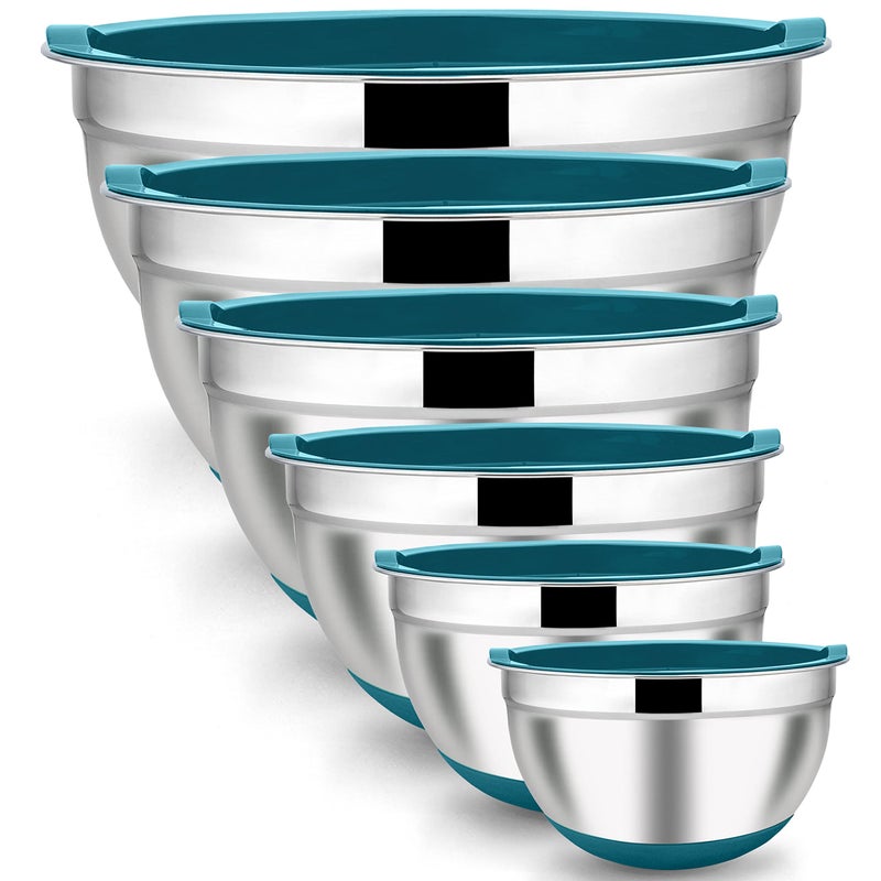 LIANYU Stainless Steel Nesting Mixing Bowls Set of 6, Non-slip Bottom & Airtight Lids, Size 7, 3.5, 2.5, 2, 1.5, 1QT, Large Metal Bowls for Cooking, Baking, Food Storage, Dark Blue - Image 1
