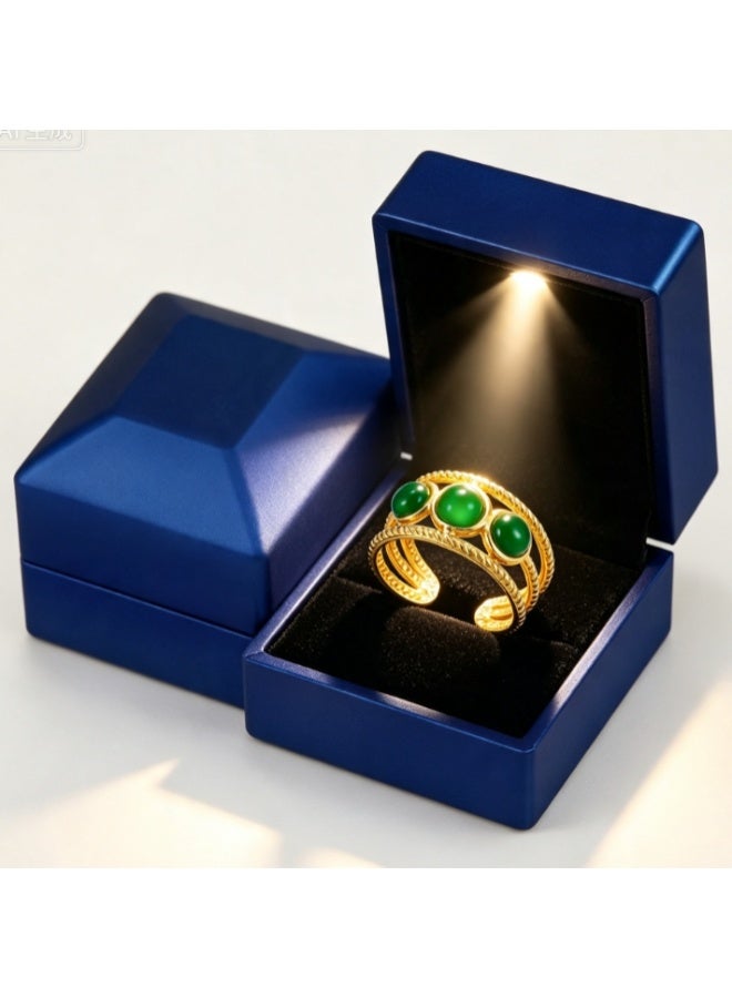 LATEEN 18K Gold Plated Stainless Steel Malachite Open Ring with Luxury LED Light Gift Box, High-End Three-Stone Statement Jewelry Gift for Men & Women - Image 1