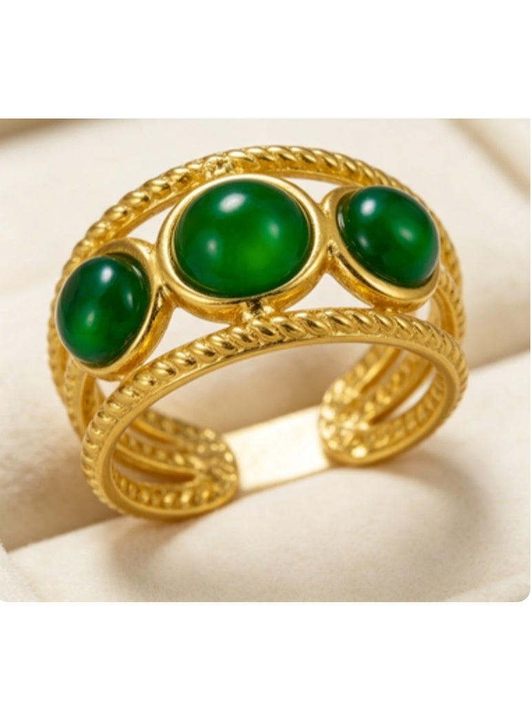LATEEN 18K Gold Plated Stainless Steel Malachite Open Ring with Luxury LED Light Gift Box, High-End Three-Stone Statement Jewelry Gift for Men & Women - Image 2