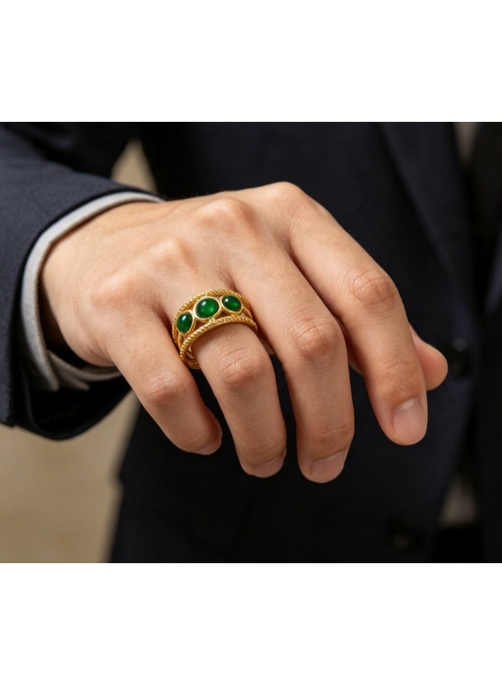 LATEEN 18K Gold Plated Stainless Steel Malachite Open Ring with Luxury LED Light Gift Box, High-End Three-Stone Statement Jewelry Gift for Men & Women - Image 3