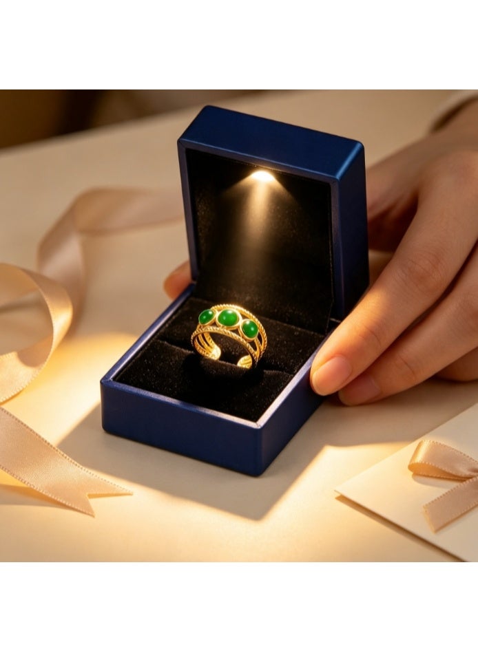 LATEEN 18K Gold Plated Stainless Steel Malachite Open Ring with Luxury LED Light Gift Box, High-End Three-Stone Statement Jewelry Gift for Men & Women - Image 4