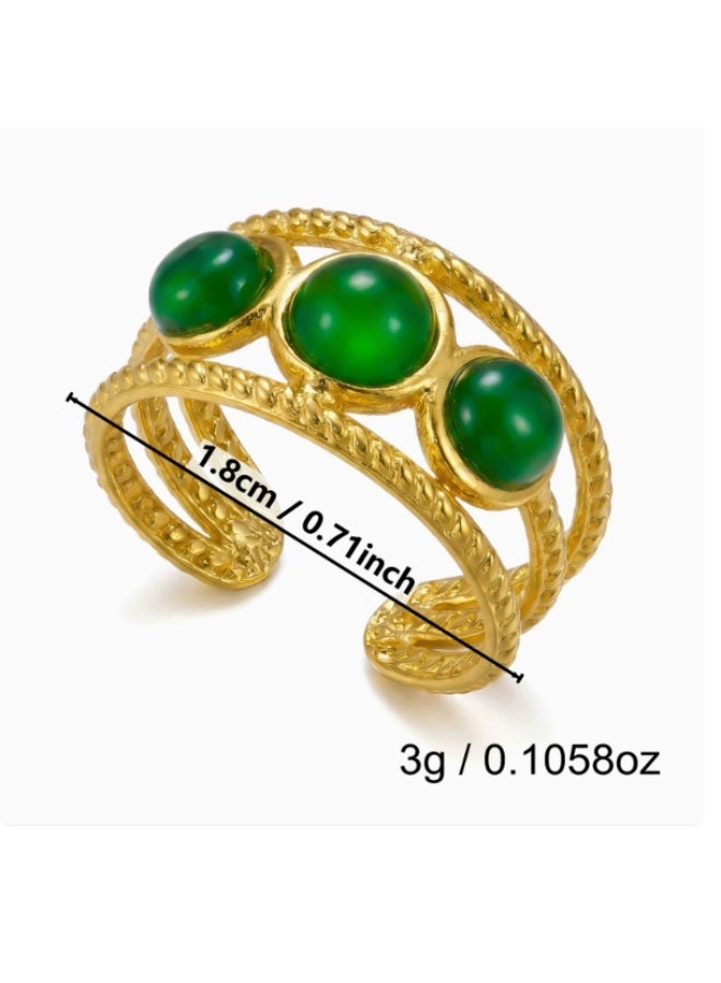 LATEEN 18K Gold Plated Stainless Steel Malachite Open Ring with Luxury LED Light Gift Box, High-End Three-Stone Statement Jewelry Gift for Men & Women - Image 5