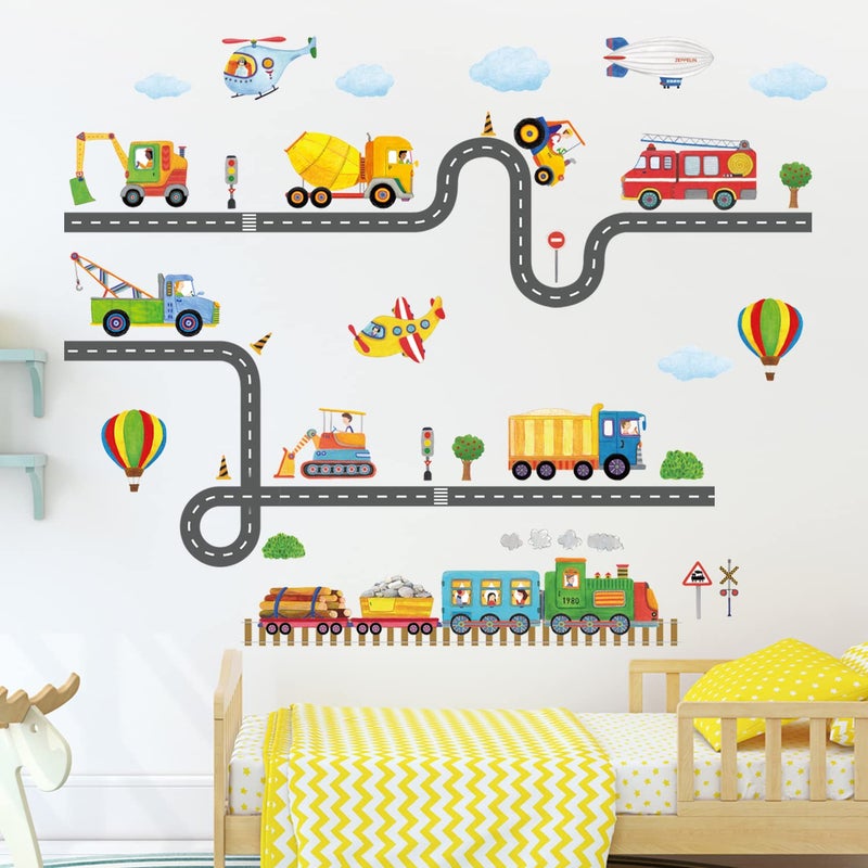 DECOWALL SG2-2107 Construction Transportation Wall Decals Car Truck Tractor Road Stickers for Kids Boys Living Room Decor Bedroom Playroom Nursery Peel and Stick Removable - Image 1