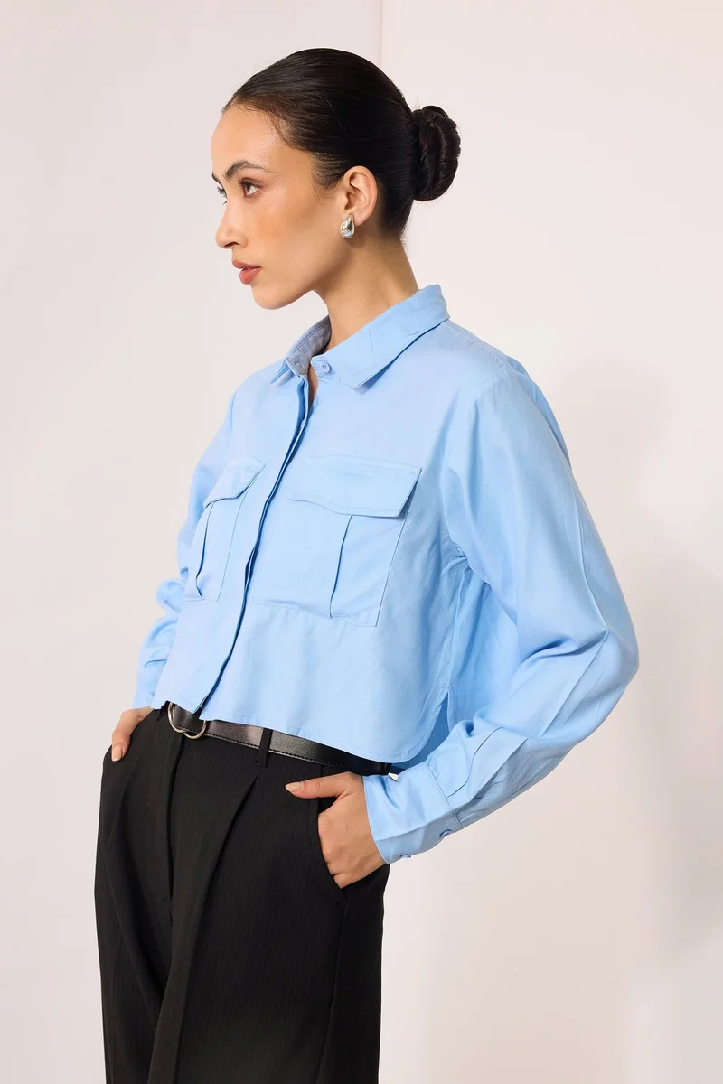 Virgio Blue Viscose Oversize Workwear Shirts With Pockets for Women for Women | Best Price UAE