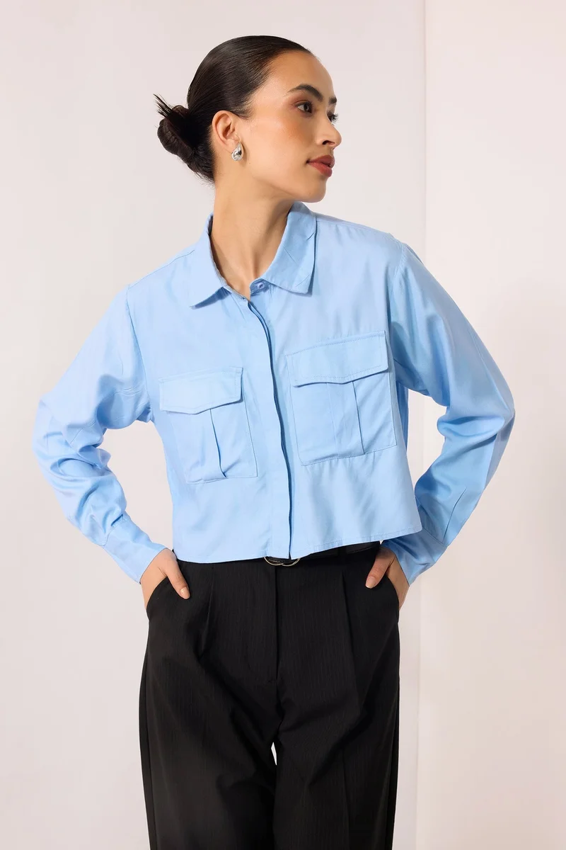 Virgio Blue Viscose Oversize Workwear Shirts With Pockets for Women for Women | Best Price UAE