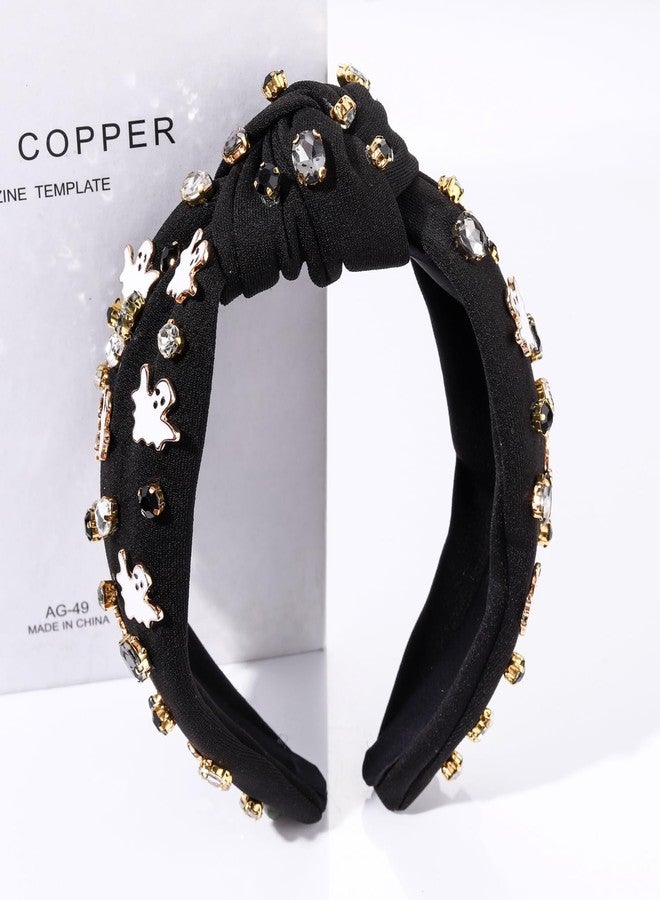 YAHPERN Halloween Headband for Women Spooky Pumpkin Spider Ghost Headband Jeweled Rhinestone Crystal Knotted Headbands Embellished Wide Top Knot Headbands Halloween Hair Accessories Outfits Party Gifts - Image 3