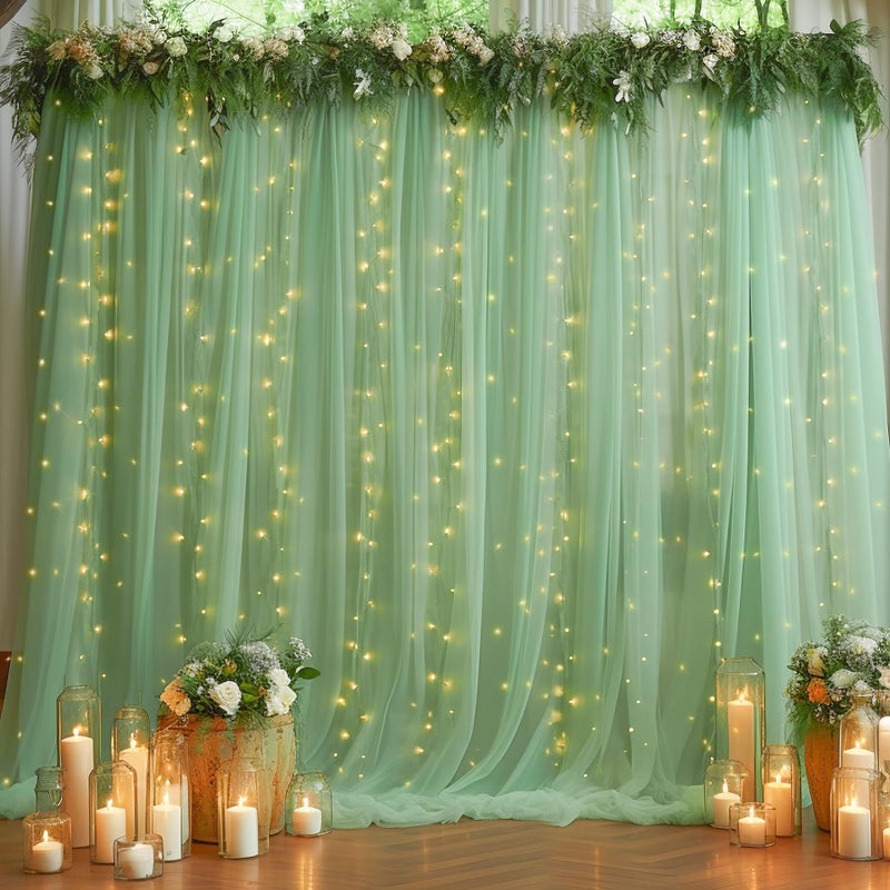 Shillance 10ft x 10ft Green Backdrop Curtain with Lights String for Parties, Sheer Tulle Wedding Photo Backdrops Drapes for Baby Shower Birthday Party Decorations Background for Photography - Image 1