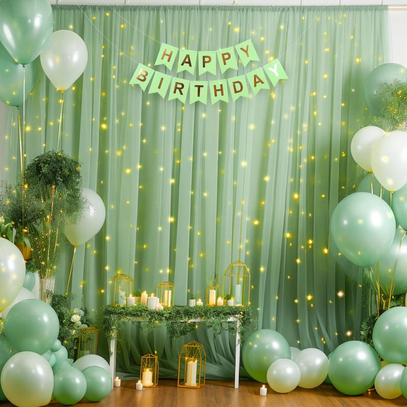 Shillance 10ft x 10ft Green Backdrop Curtain with Lights String for Parties, Sheer Tulle Wedding Photo Backdrops Drapes for Baby Shower Birthday Party Decorations Background for Photography - Image 5
