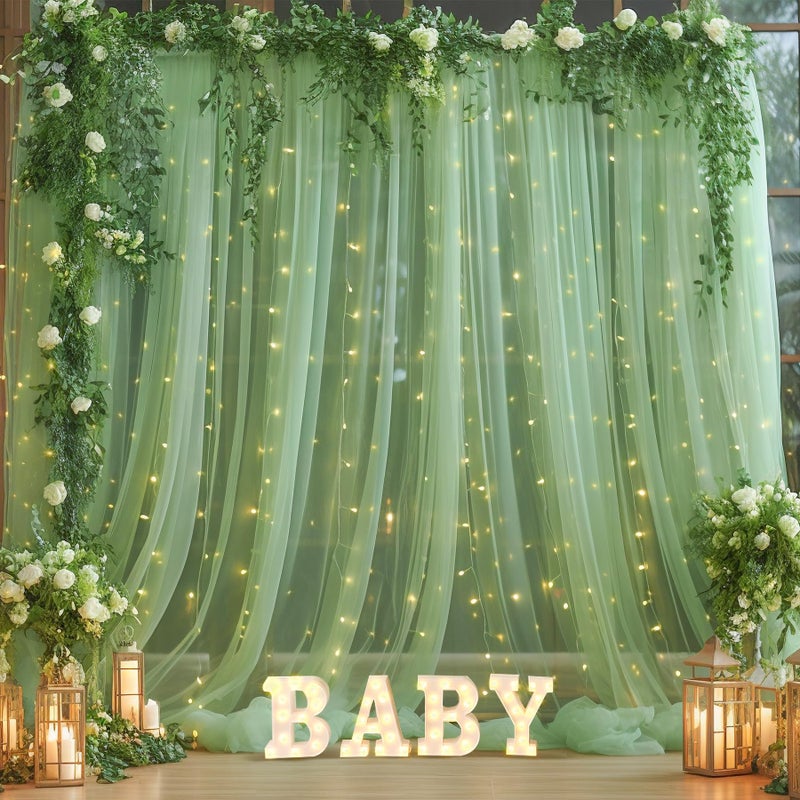 Shillance 10ft x 10ft Green Backdrop Curtain with Lights String for Parties, Sheer Tulle Wedding Photo Backdrops Drapes for Baby Shower Birthday Party Decorations Background for Photography - Image 4