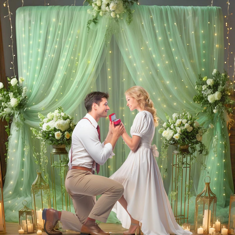 Shillance 10ft x 10ft Green Backdrop Curtain with Lights String for Parties, Sheer Tulle Wedding Photo Backdrops Drapes for Baby Shower Birthday Party Decorations Background for Photography - Image 2