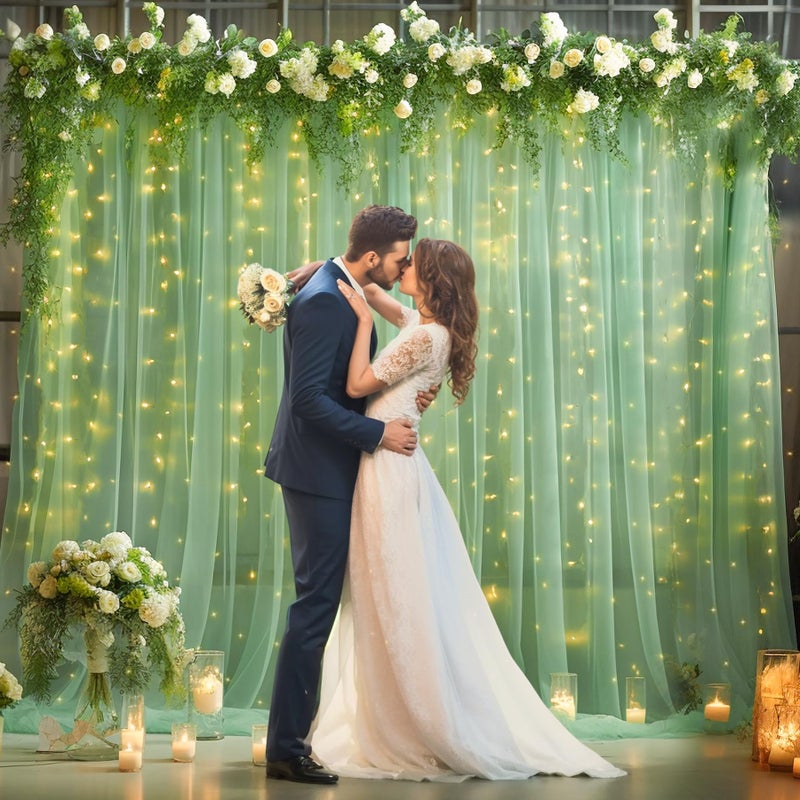 Shillance 10ft x 10ft Green Backdrop Curtain with Lights String for Parties, Sheer Tulle Wedding Photo Backdrops Drapes for Baby Shower Birthday Party Decorations Background for Photography - Image 3