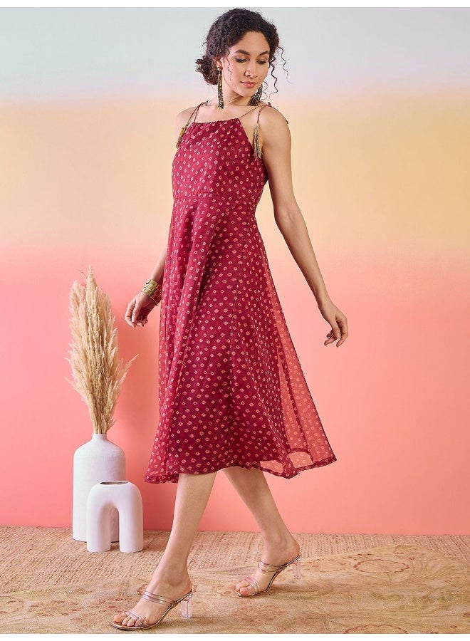 AKS Geometric Printed Shoulder Strap Midi Dress  - Image 3