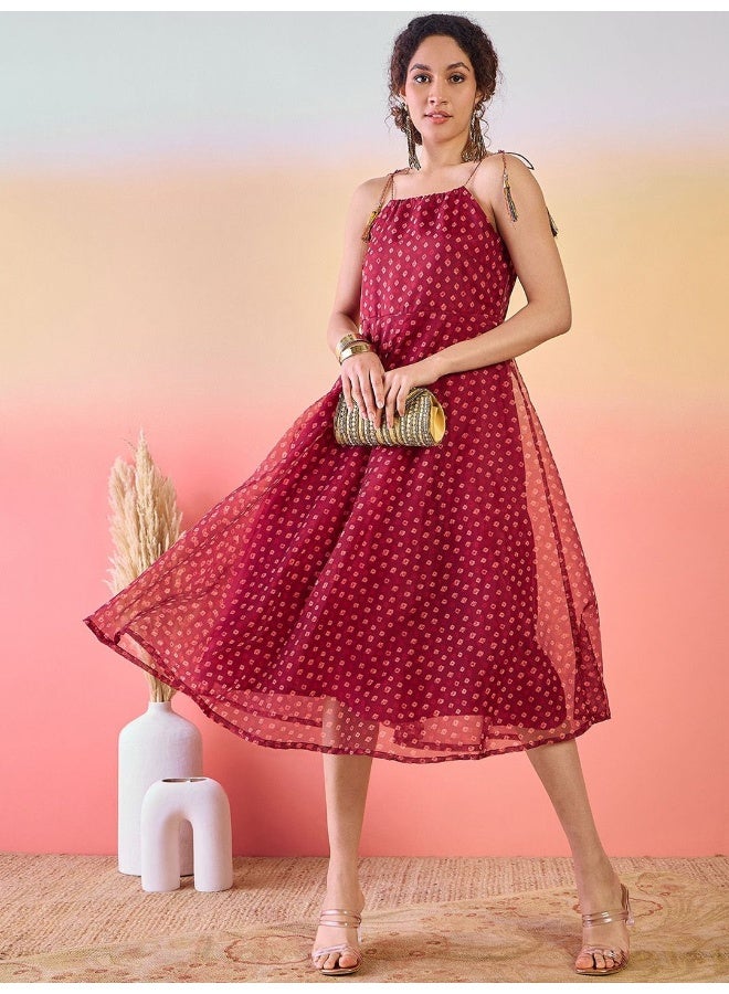 AKS Geometric Printed Shoulder Strap Midi Dress  - Image 1