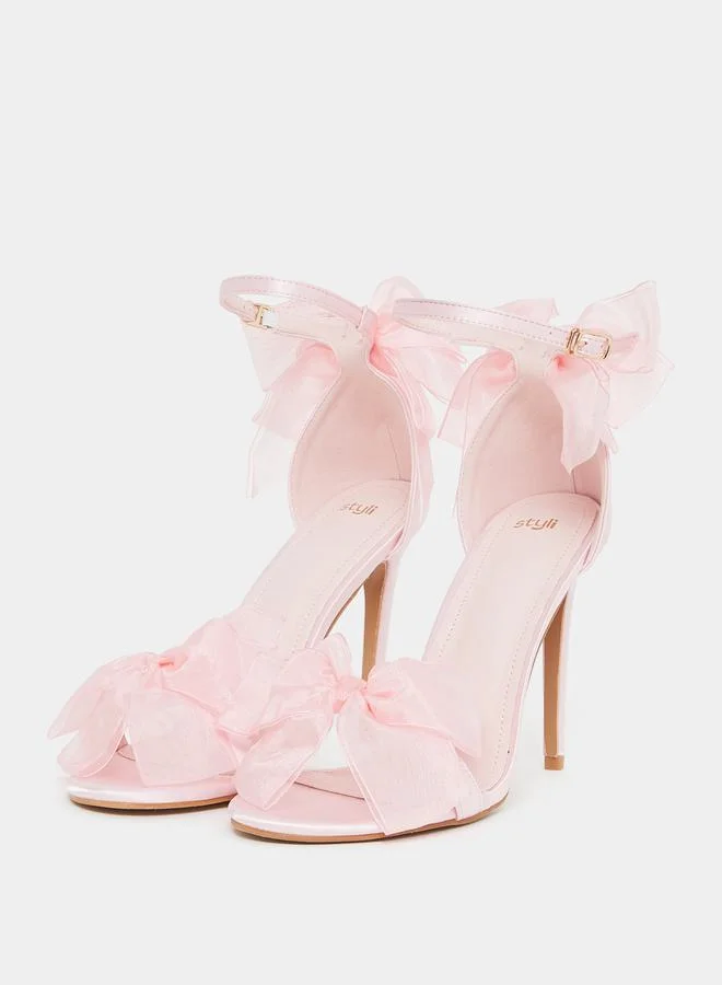 Styli Double Mesh Bow Trim Heel Sandals