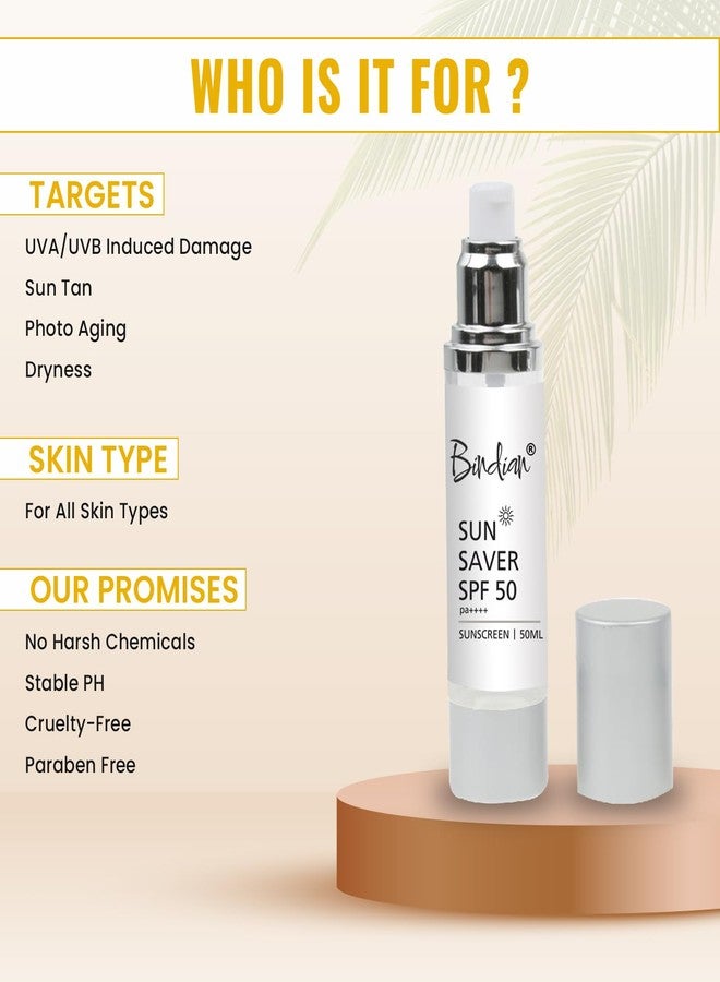 Bindian Sun Saver SPF 50 PA++++ Sunscreen, 50ml, Broad Spectrum Protection with Zinc Oxide and Titanium Dioxide - Image 4